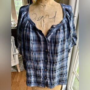 Karen Kane Blue Plaid Peasant Blouse